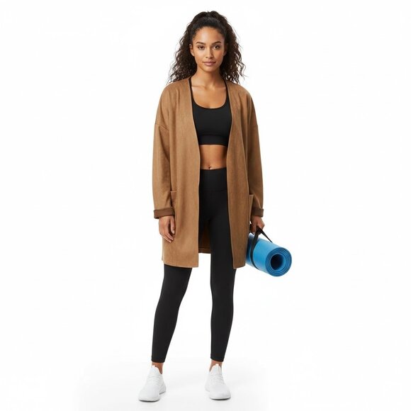 Zara Faux Suede Open Front Cardigan Jacket Oversized Tan Minimalist Medium - Picture 1 of 11